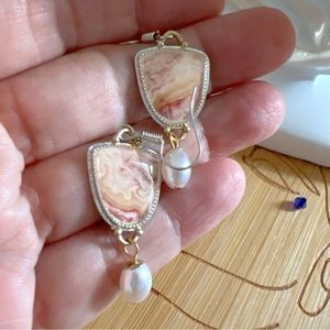 Willow Whisper: Pink Glass Rhodochrosite & Pearl Drop Sterling Overlay Earrings